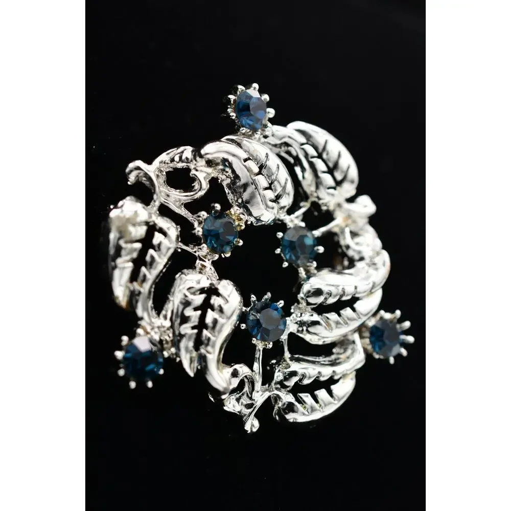Vintage Crystal Leaf Wreath Pin Blue Rhinestone Silver Tone Heavy 1980s BinAT